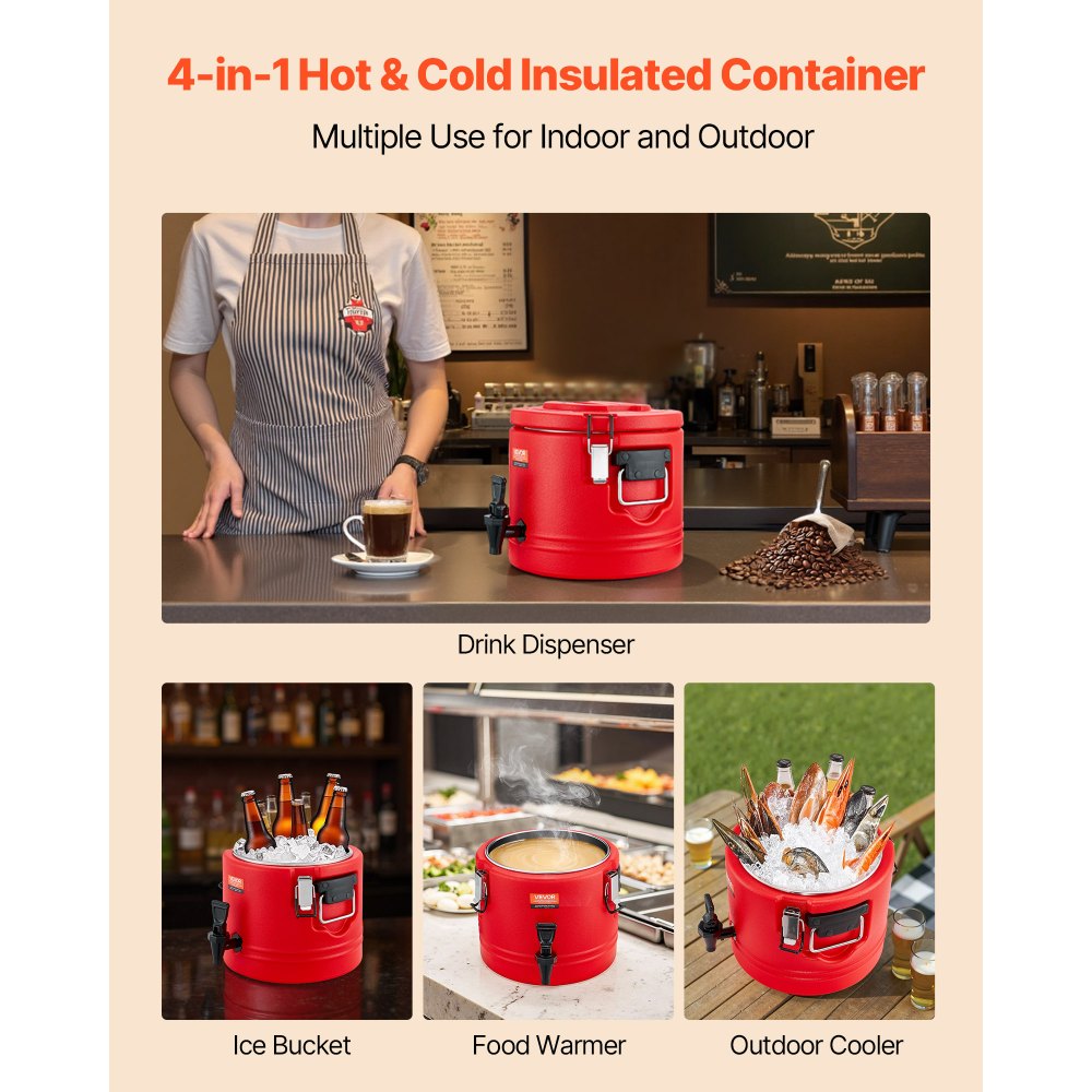 VEVOR Insulated Beverage Dispenser, 2.2 Gal/8L Thermal Hot and Cold Drink Server Dispenser with Spigot, Food-Grade Cooler Jug with 304 Stainless Steel Interior, for Tea Coffee Restaurant Outdoor