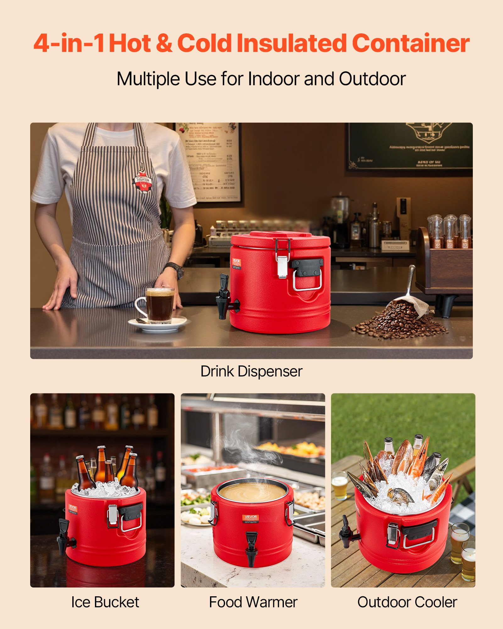 VEVOR Insulated Beverage Dispenser, 2.2 Gal/8L Thermal Hot and Cold Drink Server Dispenser with Spigot, Food-Grade Cooler Jug with 304 Stainless Steel Interior, for Tea Coffee Restaurant Outdoor