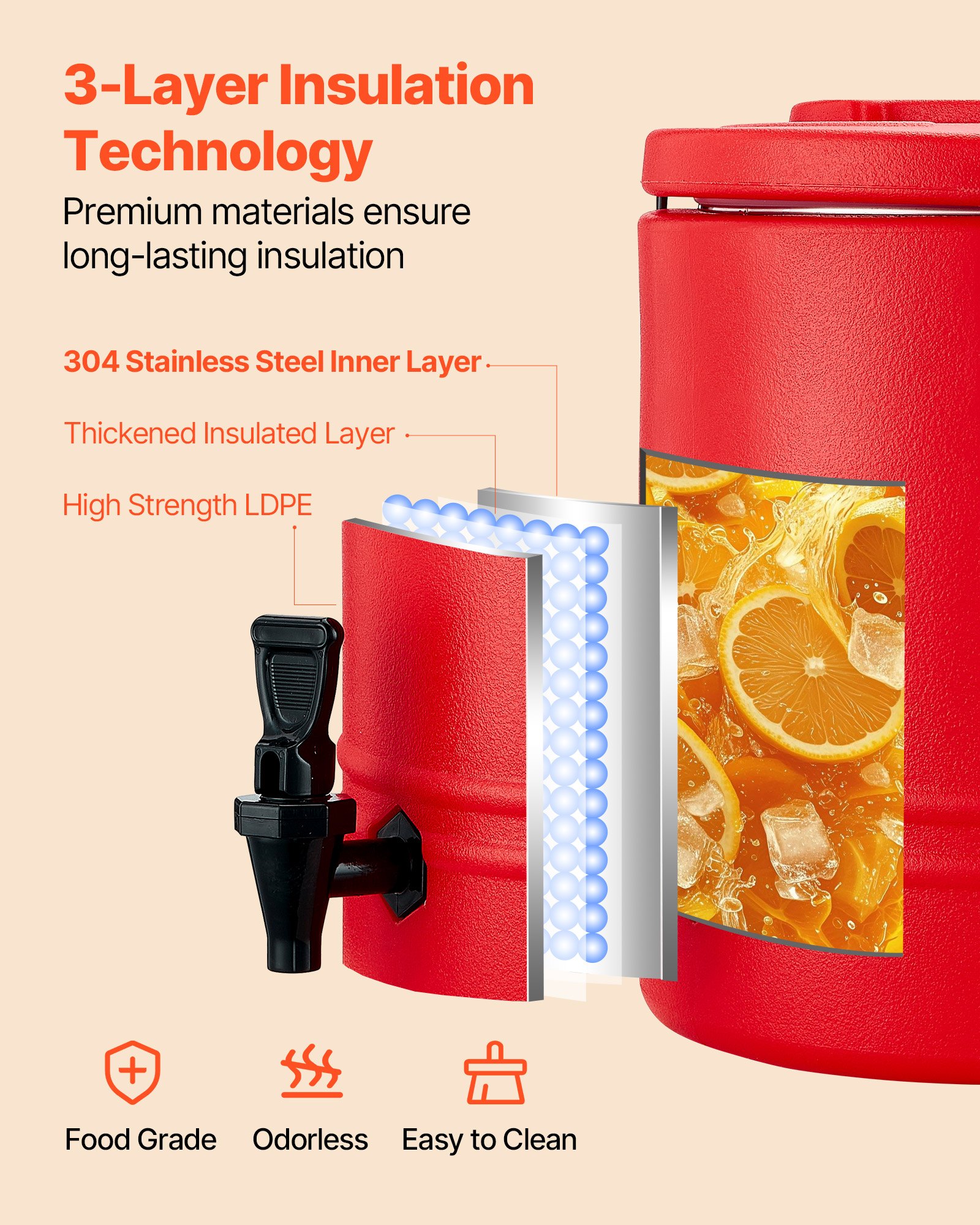 VEVOR Insulated Beverage Dispenser, 3 Gal/11.4L Thermal Hot and Cold Drink Server Dispenser with Spigot, Food-Grade Cooler Jug with 304 Stainless Steel Interior, for Tea Coffee Restaurant Outdoor
