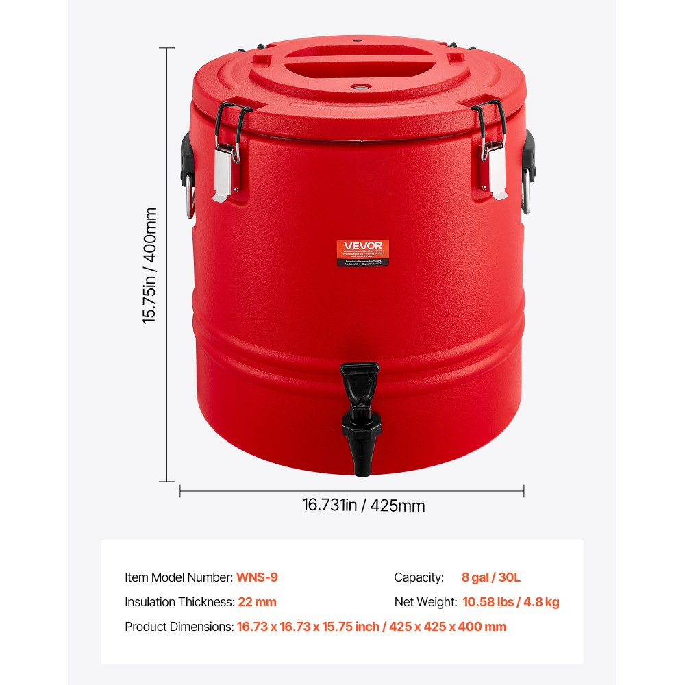 VEVOR Dispensador de Bebidas Térmico 30,3 L con Grifo, Jarra Térmica de Acero Inoxidable 304 para Bebidas Frías y Calientes, Ideal para Té, Café, Restaurantes y Exteriores, 425 x 425 x 400 mm