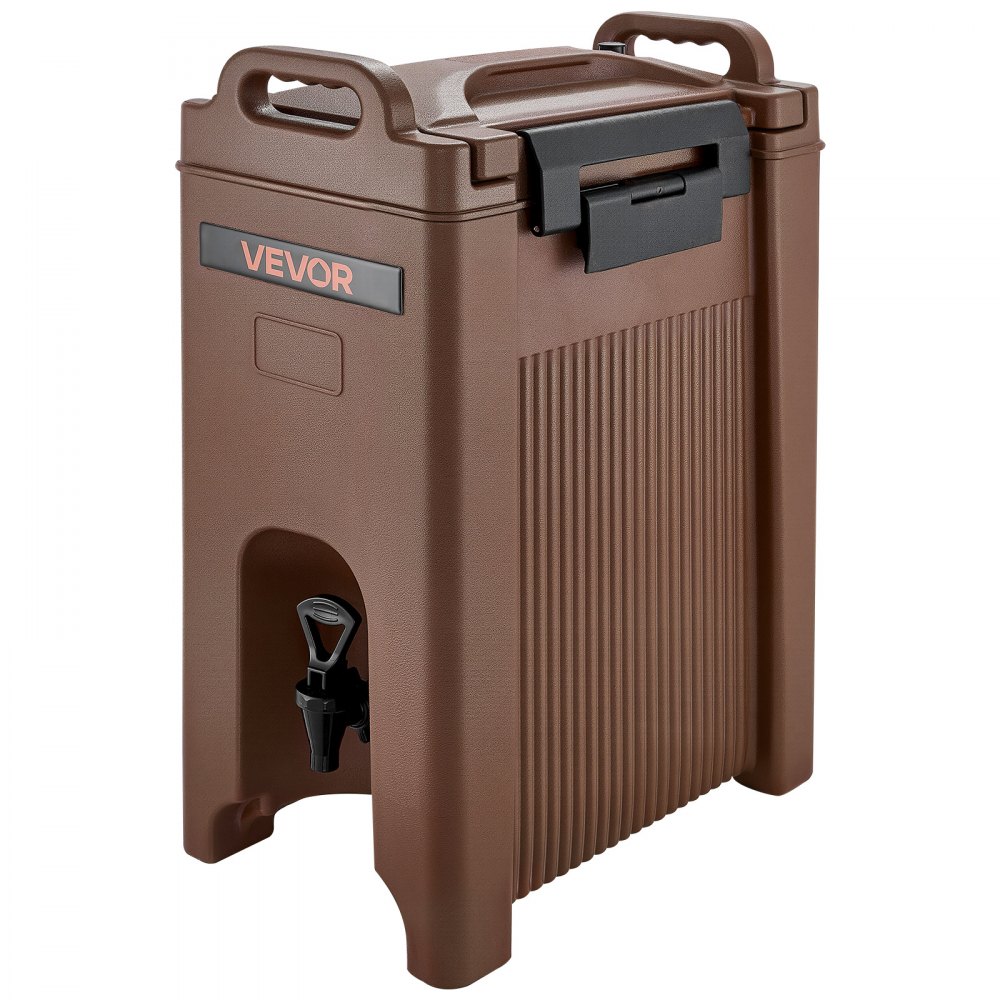 Dispensador de bebidas isotérmico VEVOR, 19 L (5 galones), para bebidas frías y calientes, con grifo y asa. Enfriador térmico apto para uso alimentario, ideal para té, café y agua en cafeterías y restaurantes. Color marrón.