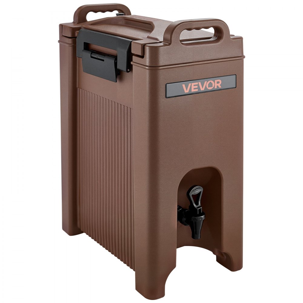 Dispensador de bebidas isotérmico VEVOR, 19 L (5 galones), para bebidas frías y calientes, con grifo y asa. Enfriador térmico apto para uso alimentario, ideal para té, café y agua en cafeterías y restaurantes. Color marrón.