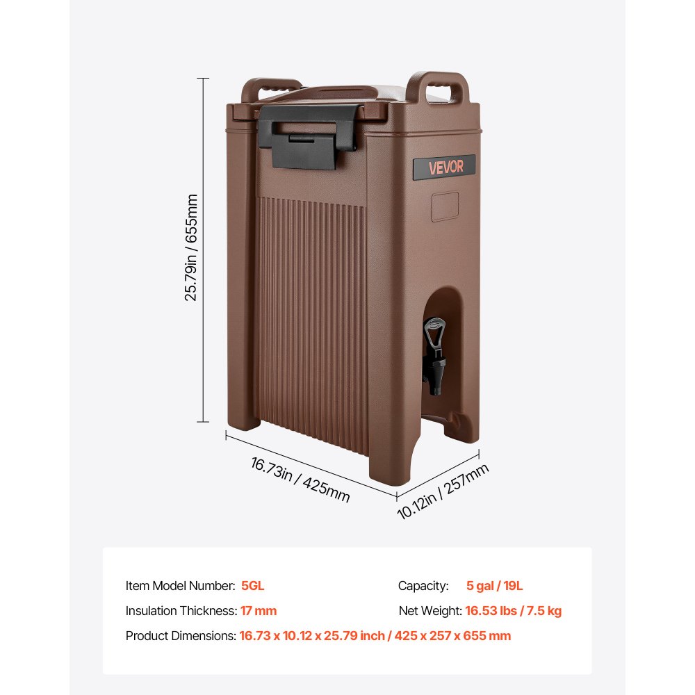 VEVOR Dispensador de Bebidas con Aislamiento, 19 L, con Grifo Antigoteo y Asa, Apto para Uso Alimentario, Ideal para Té, Café y Agua en Cafeterías y Restaurantes, Color Marrón, 425 x 257 x 655 mm