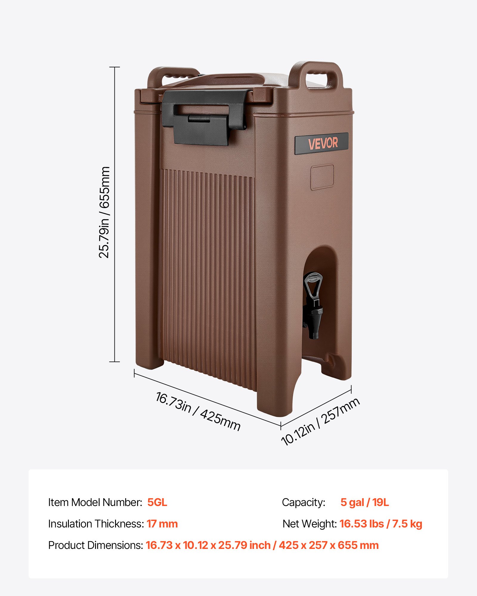 VEVOR Dispensador de Bebidas con Aislamiento, 19 L, con Grifo Antigoteo y Asa, Apto para Uso Alimentario, Ideal para Té, Café y Agua en Cafeterías y Restaurantes, Color Marrón, 425 x 257 x 655 mm