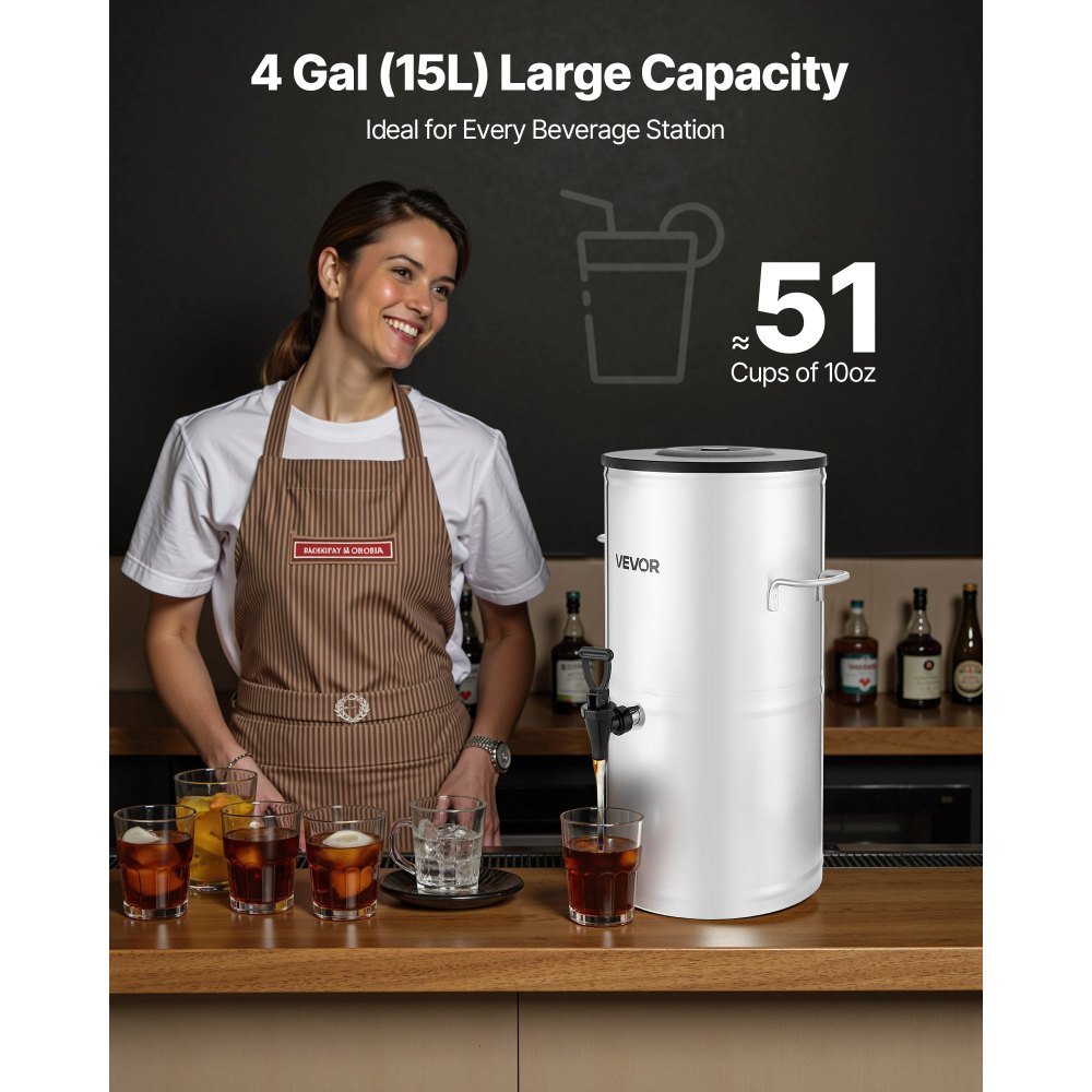 Dispensador de té helado VEVOR, 4 galones/15 litros, dispensador de bebidas de acero inoxidable 304 con grifo y asa, apto para bebidas frías y calientes, para té helado, café y agua en cafeterías y restaurantes.
