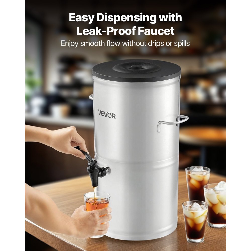 Dispensador de té helado VEVOR, 4 galones/15 litros, dispensador de bebidas de acero inoxidable 304 con grifo y asa, apto para bebidas frías y calientes, para té helado, café y agua en cafeterías y restaurantes.
