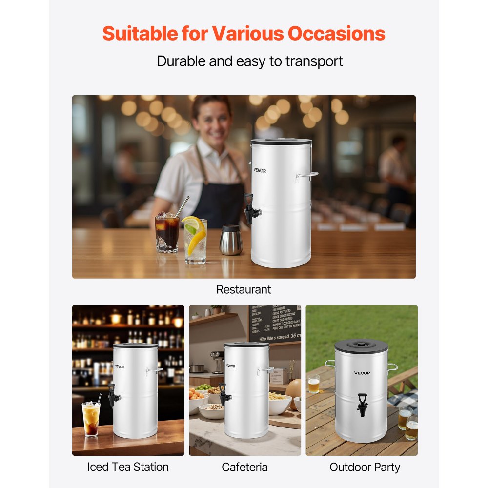 Dispensador de té helado VEVOR, 4 galones/15 litros, dispensador de bebidas de acero inoxidable 304 con grifo y asa, apto para bebidas frías y calientes, para té helado, café y agua en cafeterías y restaurantes.