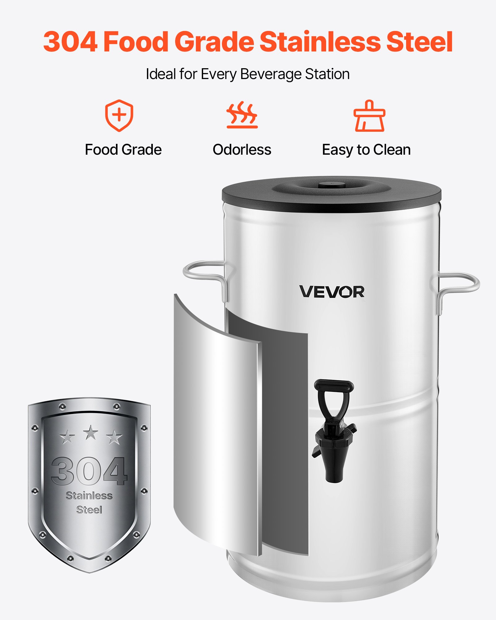 Dispensador de té helado VEVOR, 4 galones/15 litros, dispensador de bebidas de acero inoxidable 304 con grifo y asa, apto para bebidas frías y calientes, para té helado, café y agua en cafeterías y restaurantes.