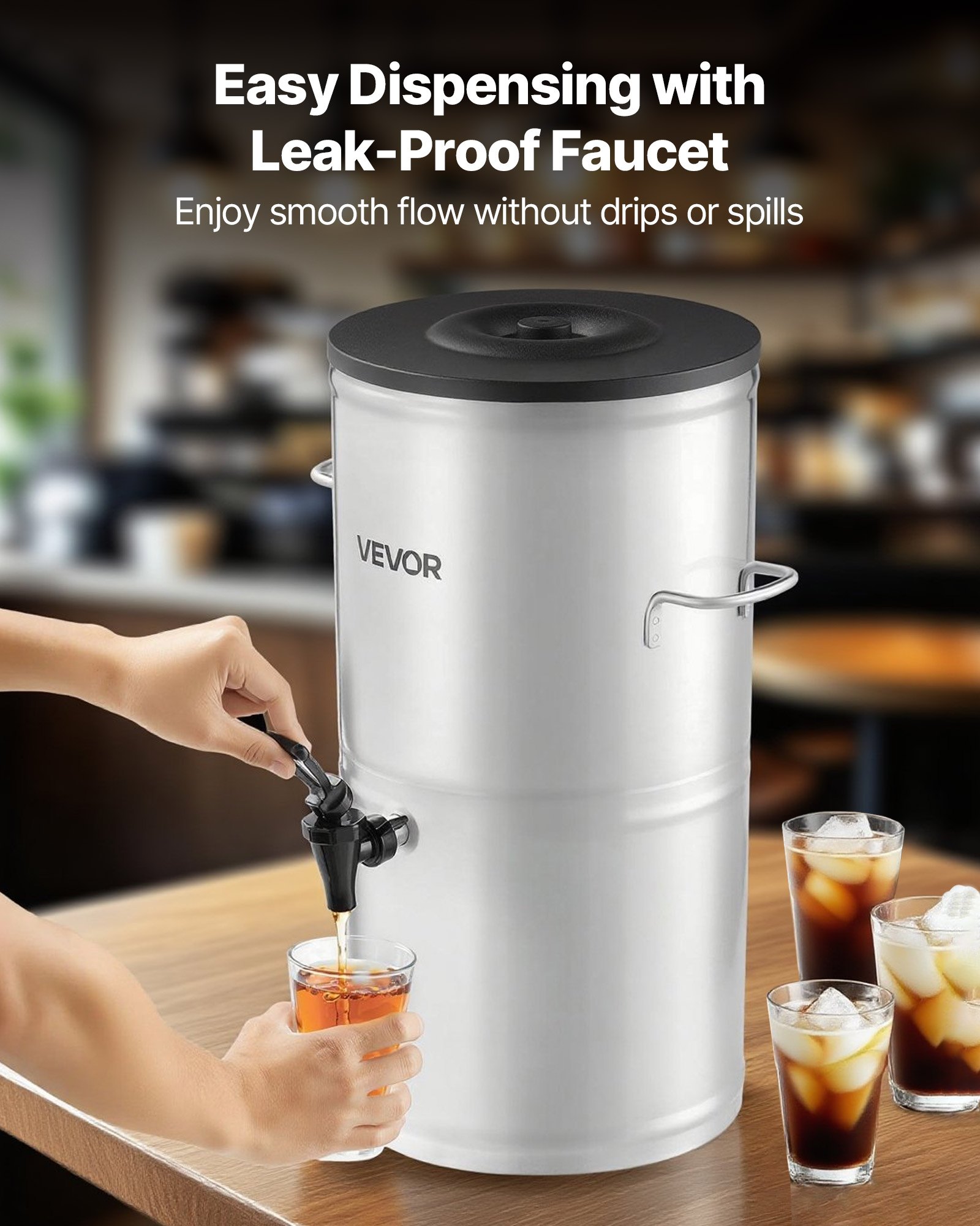 Dispensador de té helado VEVOR, 4 galones/15 litros, dispensador de bebidas de acero inoxidable 304 con grifo y asa, apto para bebidas frías y calientes, para té helado, café y agua en cafeterías y restaurantes.