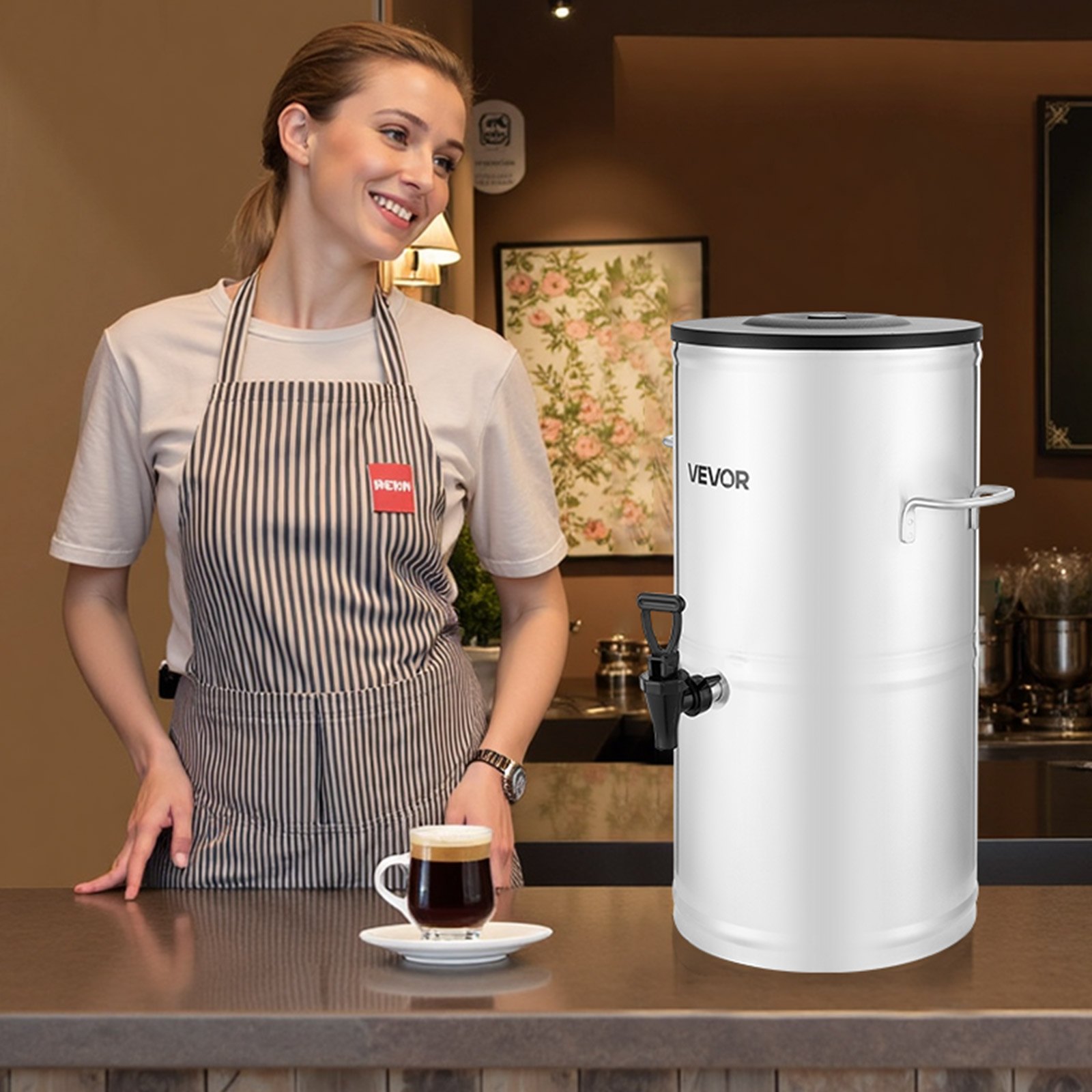 Dispensador de té helado VEVOR, 4 galones/15 litros, dispensador de bebidas de acero inoxidable 304 con grifo y asa, apto para bebidas frías y calientes, para té helado, café y agua en cafeterías y restaurantes.