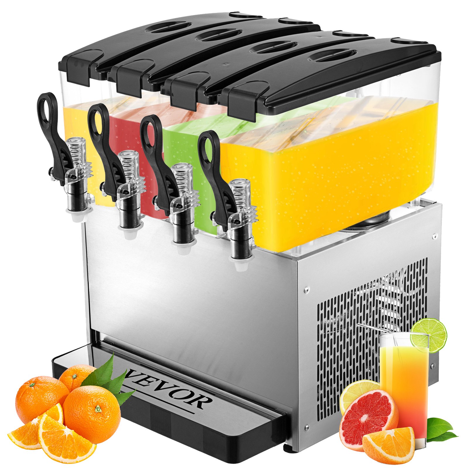 VEVOR Dispensador de bebidas comerciales 12,7 galones 48 L 4 tanques máquina de bebidas de té helado 12 litros por tanque 325 W acero inoxidable
