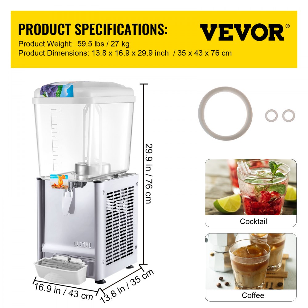 Dispensador de bebidas comercial VEVOR, 4.8 galones, 1 tanque, 200 W, acero inoxidable, apto para uso alimentario, con termostato para bebidas frías.