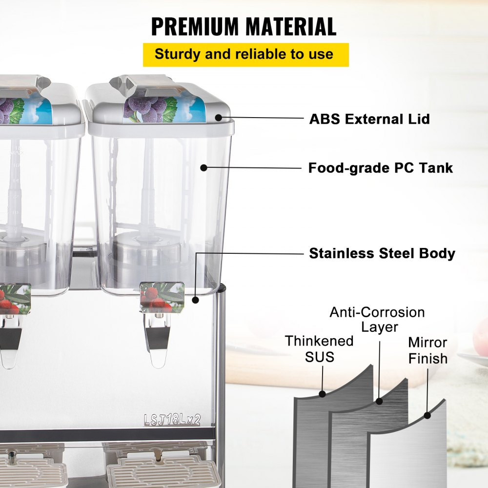 Dispensador de bebidas comercial VEVOR de 110 V, 9,5 galones, 36 L, 2 tanques, dispensador de jugo comercial, 18 litros por tanque, 300 W, acero inoxidable, material de grado alimenticio, dispensador de bebidas de té helado equipado con termostato C