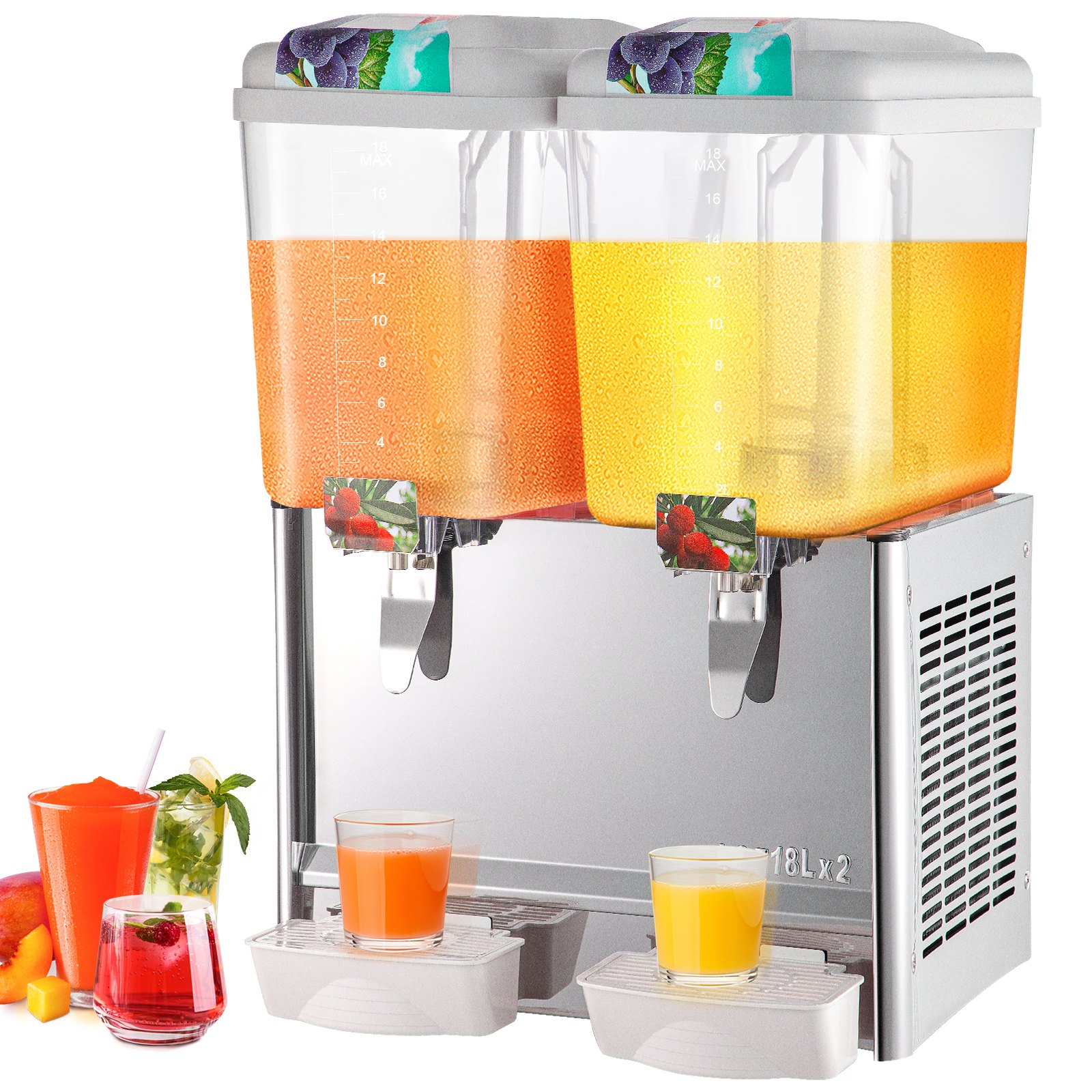 Dispensador de bebidas comercial VEVOR de 110 V, 9,5 galones, 36 L, 2 tanques, dispensador de jugo comercial, 18 litros por tanque, 300 W, acero inoxidable, material de grado alimenticio, dispensador de bebidas de té helado equipado con termostato C
