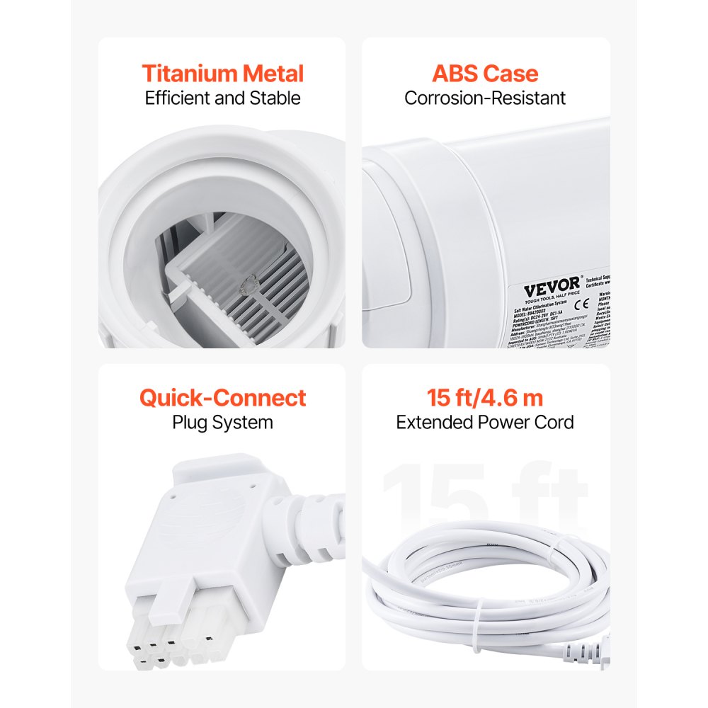 Sistema de cloración de agua salada VEVOR, celda de cloración para piscinas compatible con Hayward W3T-Cell-3 (T3), sistema de cloración de agua salada para piscinas enterradas de hasta 15 000 galones, cable de alimentación de 4,5 m, color blanco