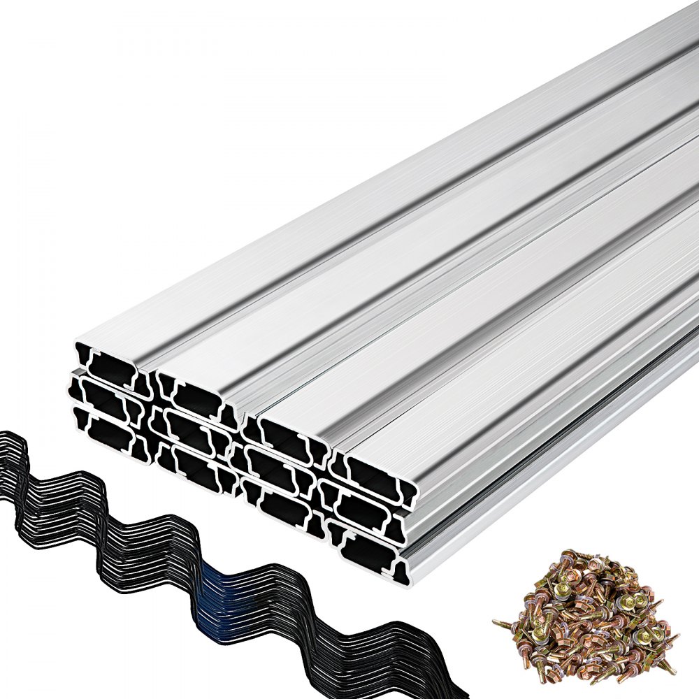 Canal de cierre con resorte para invernadero VEVOR con perfiles de aluminio, alambre negro y tornillos.