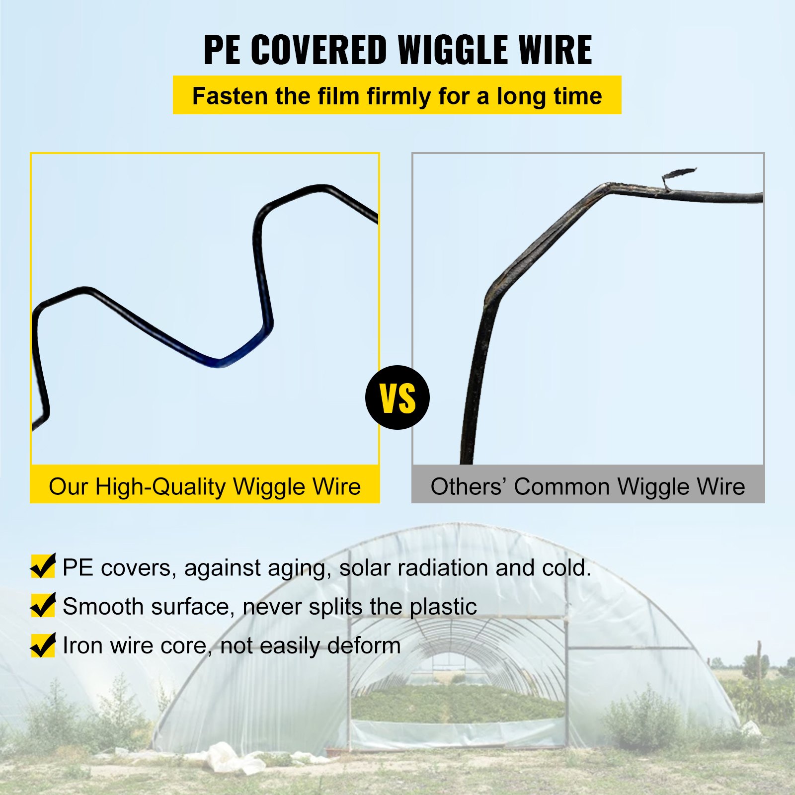 Comparación de cables ondulados cubiertos de PE; canal de bloqueo de resorte para invernadero VEVOR, características de durabilidad.