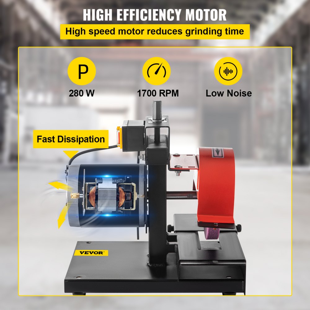 Afiladora de cuchillas para cortacésped VEVOR, motor de 1/3 HP, 1700 RPM, rueda de 8" de diámetro y 1" de grosor, altura ajustable de 2,8" para afilar cuchillas y herramientas en jardín o taller.