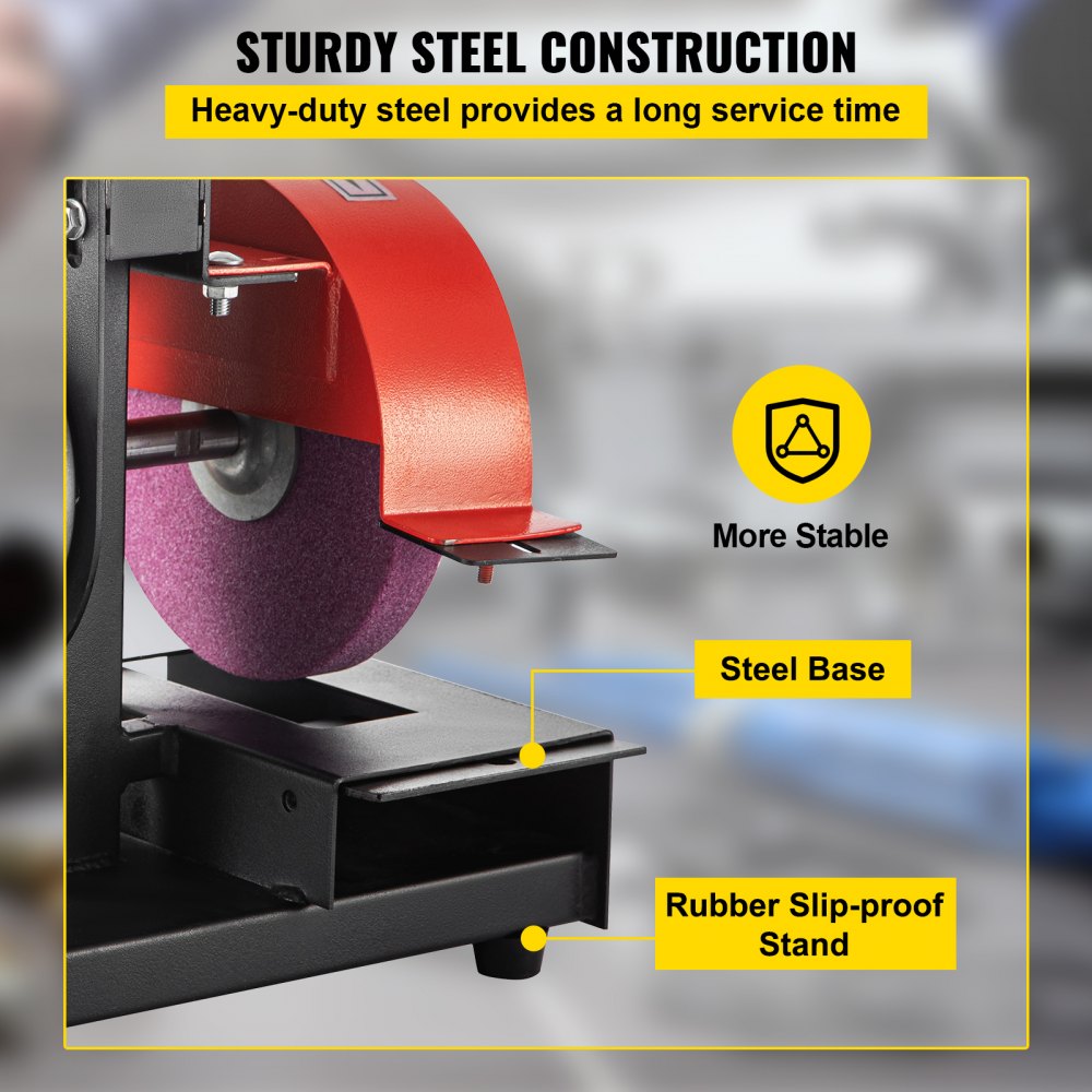 Afiladora de cuchillas para cortacésped VEVOR, motor de 1/3 HP, 1700 RPM, rueda de 8" de diámetro y 1" de grosor, altura ajustable de 2,8" para afilar cuchillas y herramientas en jardín o taller.