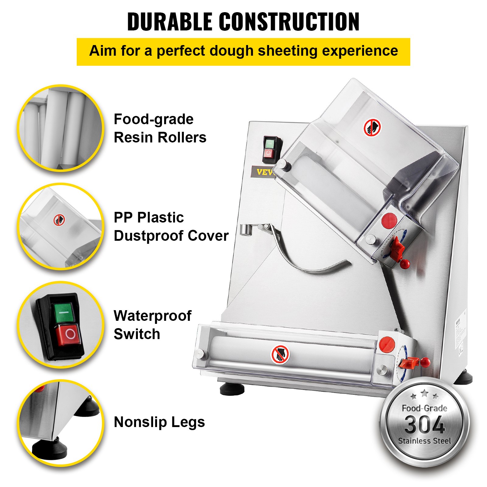 Rodillo laminador de masa para pizza VEVOR, máx. 30 cm, automático, comercial, 370 W, eléctrico, de acero inoxidable, apto para hacer fideos, pizza, pan y pasta.