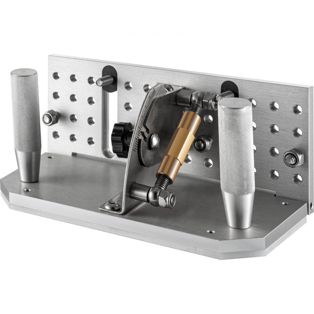 Plantilla para lijadora de banda VEVOR con abrazaderas ajustables sobre base de aluminio.