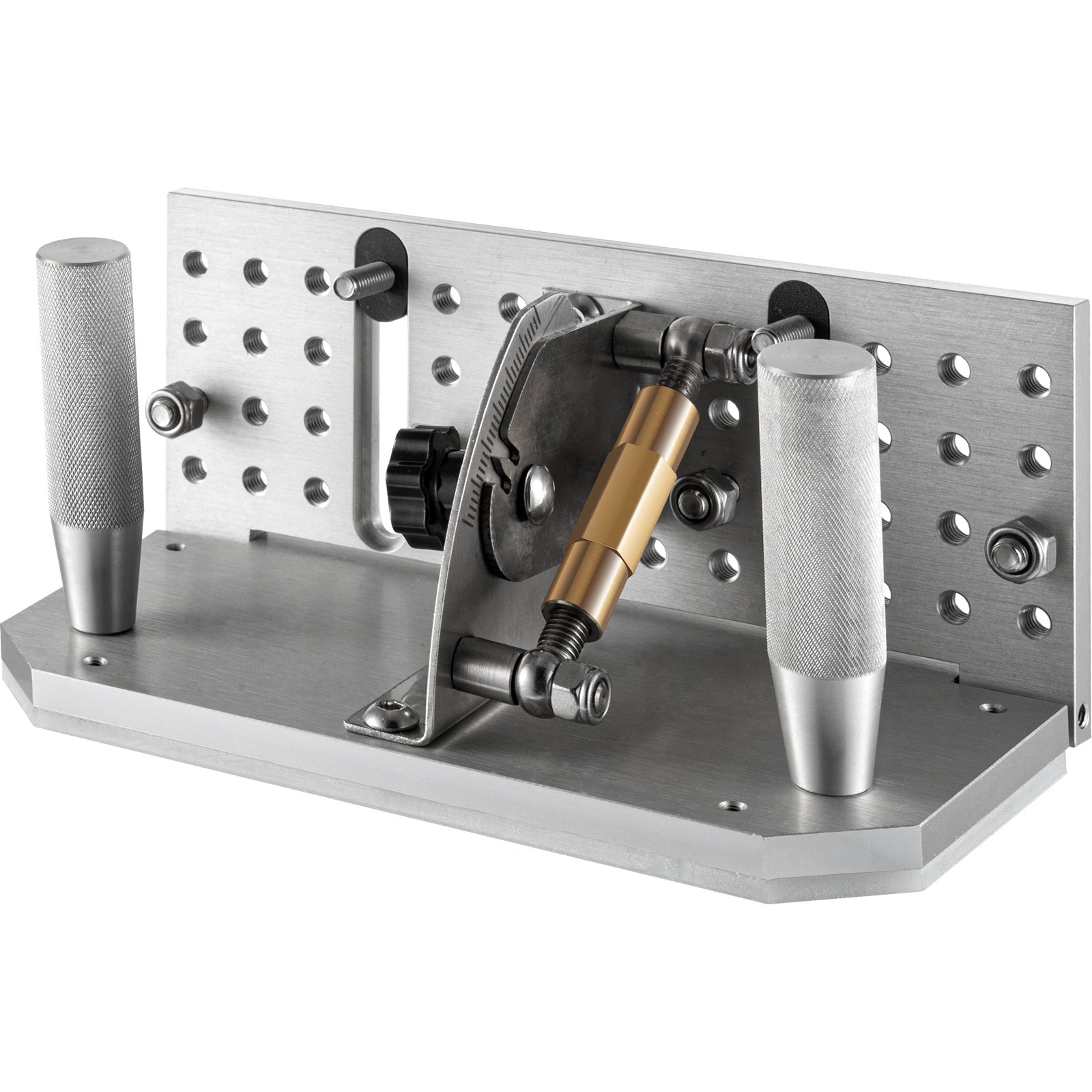 Plantilla para lijadora de banda VEVOR con abrazaderas ajustables sobre base de aluminio.
