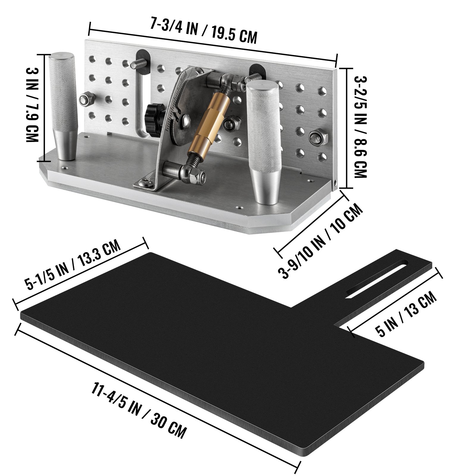 Plantilla de cuchilla para amoladora de banda VEVOR con dimensiones y especificaciones.