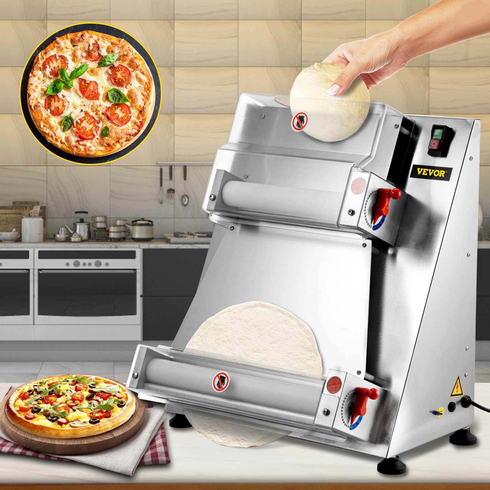 VEVOR Maquina para pasta rodillo de masa comercial 370 W automáticamente apto para fideos pizza pan y equipo para hacer pasta Plateado 15.7 inch 1