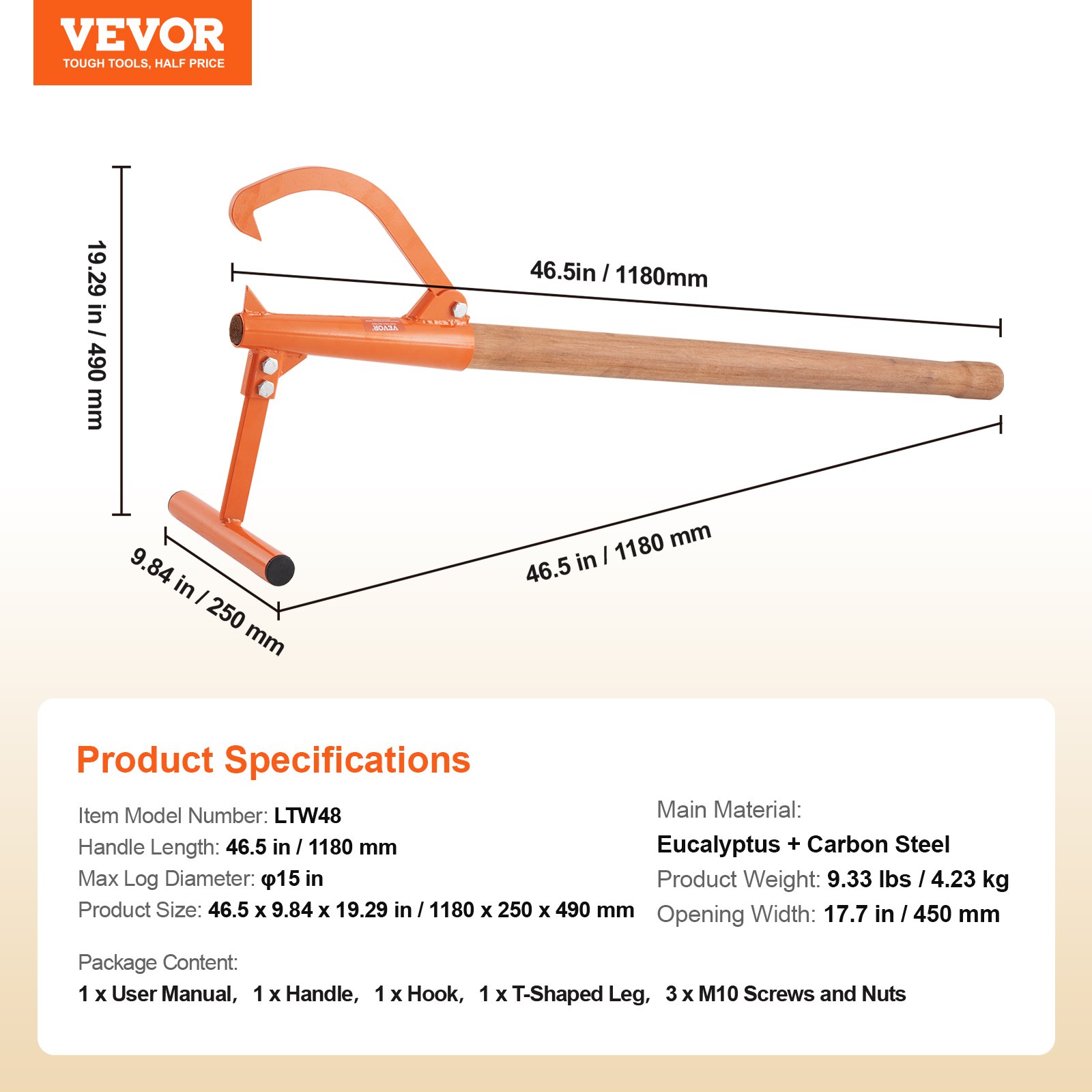 Elevador de troncos resistente VEVOR Timberjack de 46,5 in con mango de madera para troncos de un diámetro máximo de 15 in