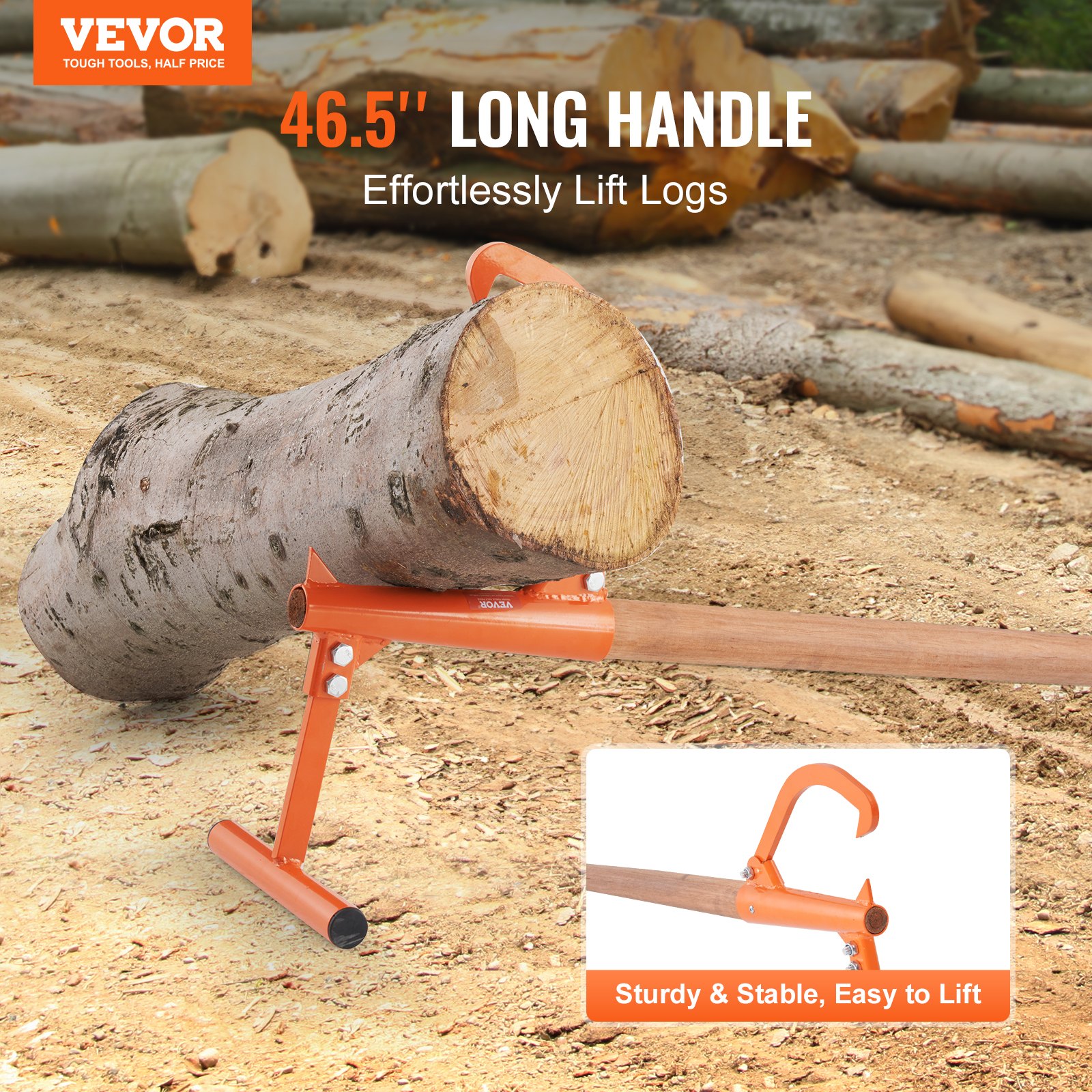 Elevador de troncos VEVOR Timberjack de 117 cm, resistente, con mango de madera, rodillo para troncos con gancho ajustable, herramientas de tala para troncos de hasta 38 cm de diámetro, para rodar, cortar y levantar troncos.