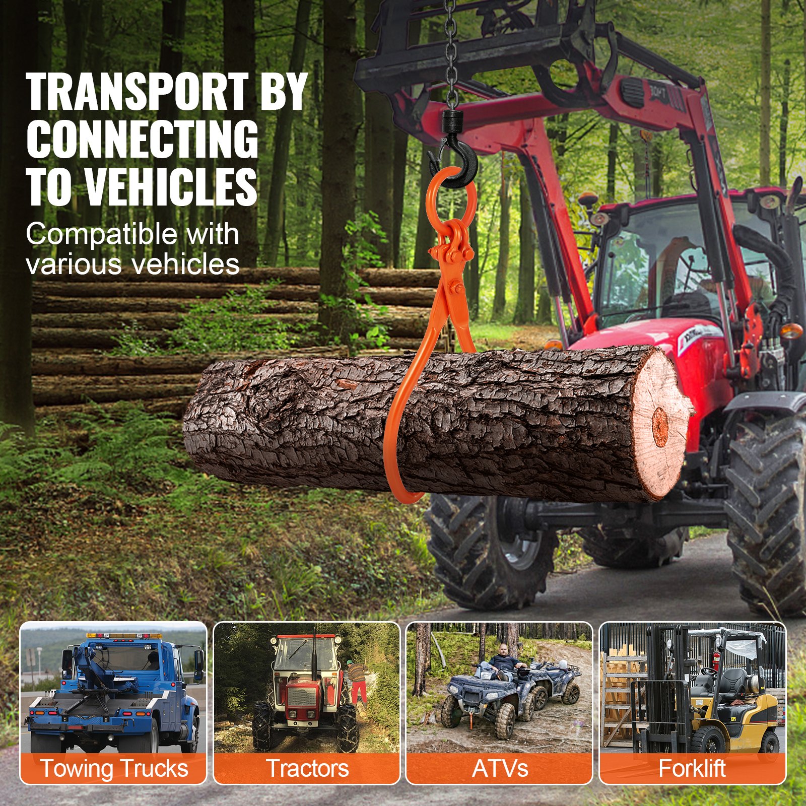 Pinzas para arrastrar troncos VEVOR que levantan un tronco con un tractor rojo en un bosque, compatible con varios vehículos.