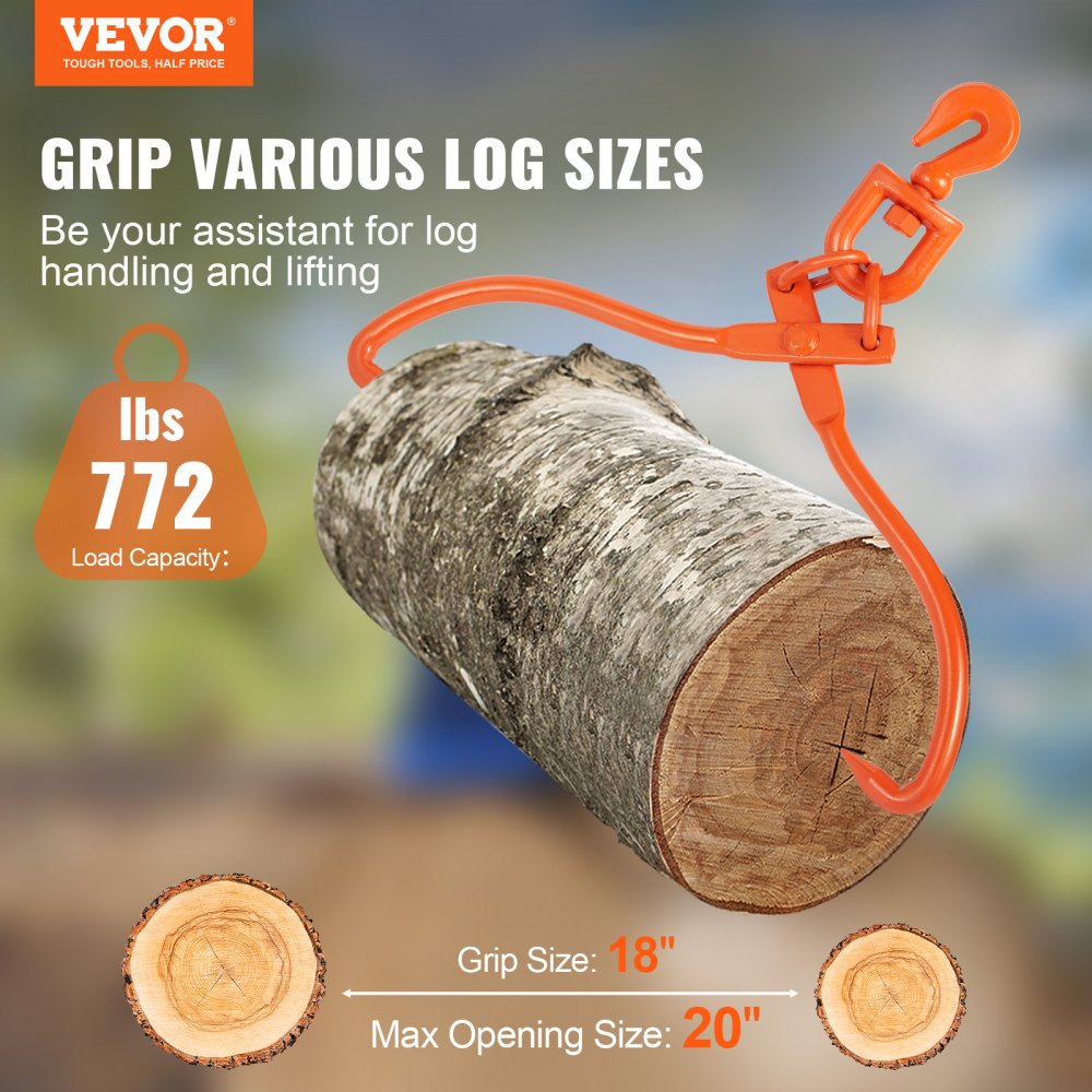 VEVOR Pinzas para arrastre de troncos, pinzas para elevación de troncos de 2 garras de 18 pulgadas, pinzas para arrastre de madera giratorias de acero resistente, capacidad de carga de 772 lbs/350 kg,