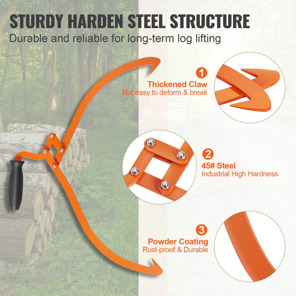 Pinzas para troncos VEVOR, pinzas de arrastre para troncos de 20 pulgadas con 2 garras y agarre antideslizante, pinza manual de acero para troncos con capacidad de carga de 110 lb, herramienta para levantar, manipular, arrastrar y transportar troncos