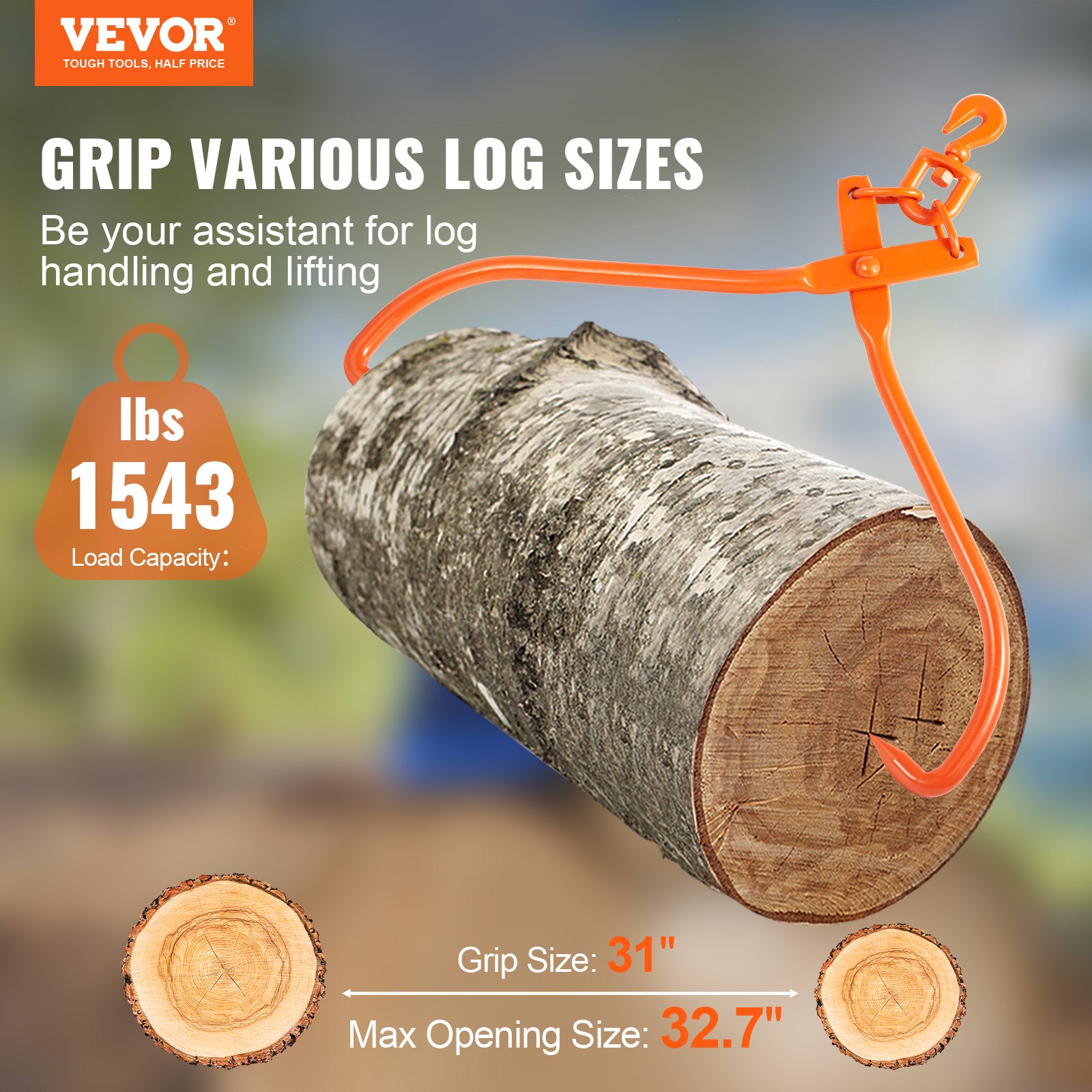 Pinzas para arrastrar troncos VEVOR que levantan un tronco grande, con una capacidad de carga de 1543 lb, tamaño de agarre de 31 pulgadas, apertura máxima de 32,7 pulgadas.