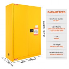 VEVOR Gabinete de seguridad para líquidos inflamables, 45 galones, gabinete de almacenamiento de líquidos inflamables de acero laminado en frío, 42,9 x 18,1 x 65,2 pulgadas, a prueba de explosiones con 2 estantes ajustables, 2 puertas manuales para uso industrial, amarillo