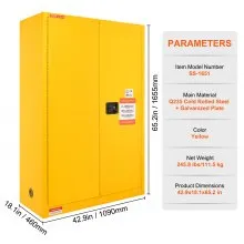 VEVOR Gabinete de seguridad para líquidos inflamables, 45 galones, gabinete de almacenamiento de líquidos inflamables de acero laminado en frío, 42,9 x 18,1 x 65,2 pulgadas, a prueba de explosiones con 2 estantes ajustables, 2 puertas manuales para uso industrial, amarillo