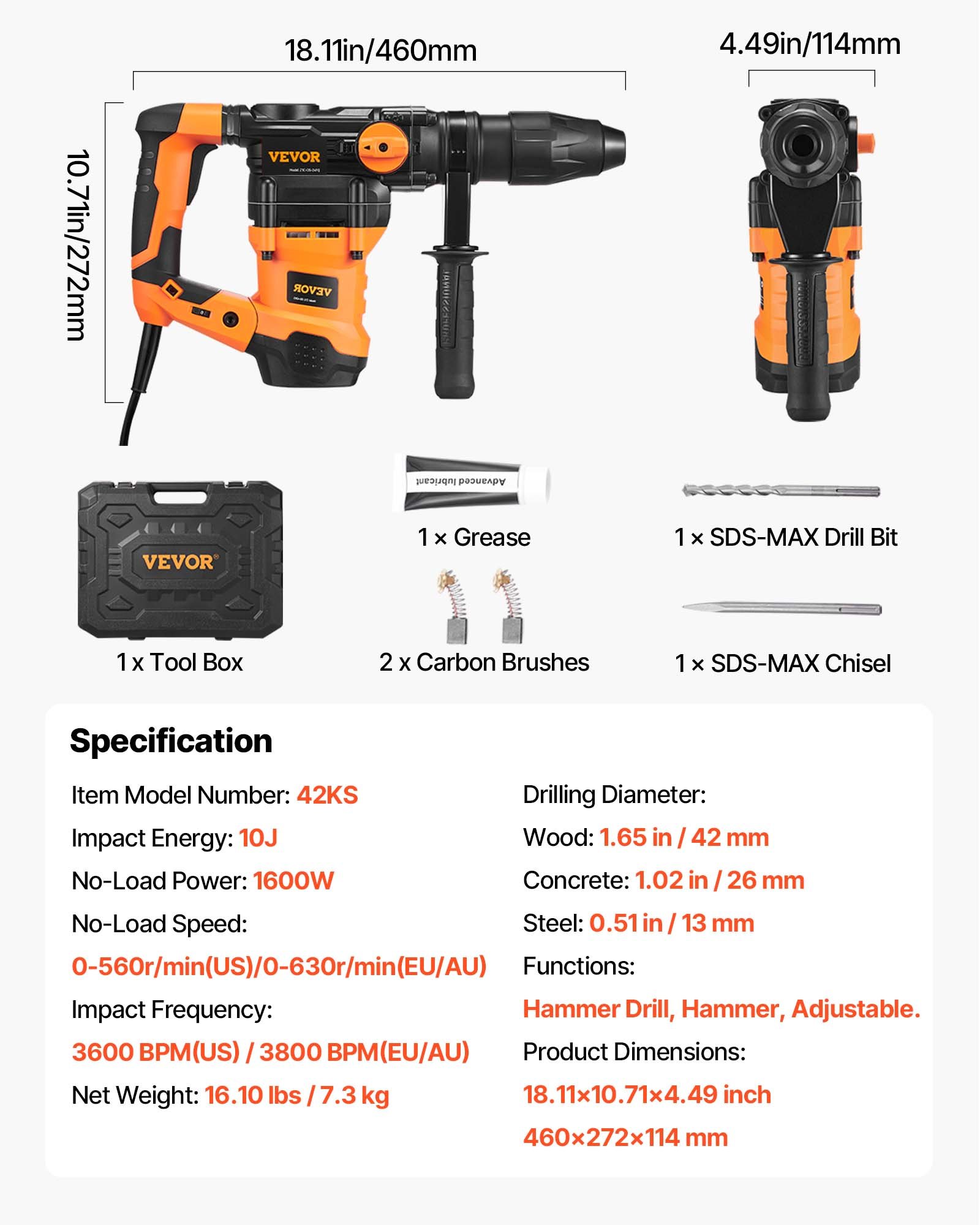 Taladro percutor rotativo VEVOR SDS-Max de 1-9/16 pulgadas, taladros con cable de 13 A, martillos cinceladores de alta resistencia con control de vibración y embrague de seguridad, martillos de demolición eléctricos de velocidad variable, herramienta eléctrica para hormigón