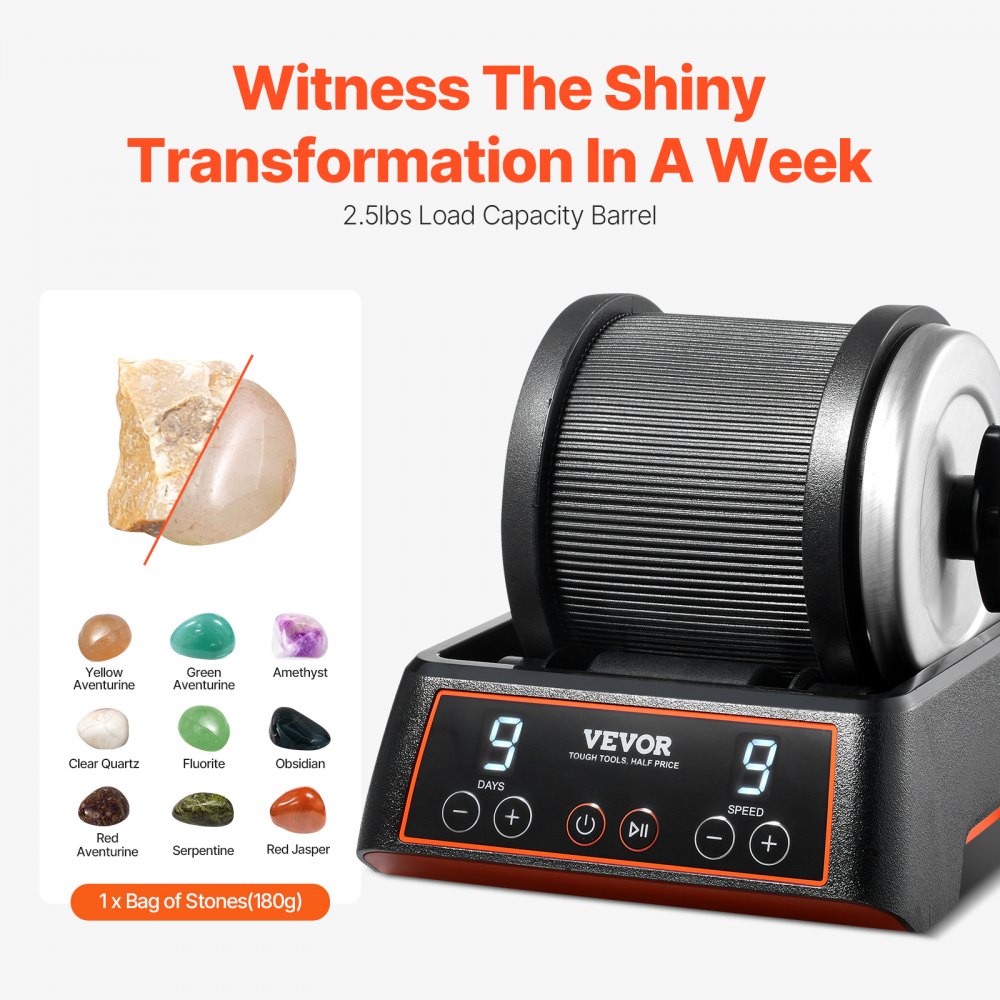 Kit de pulidora de piedras VEVOR, 1,1 kg, 9 velocidades, temporizador de pulido de 9 días, pulidora de piedras con piedras preciosas rugosas y granos de pulido, ideal para niños y adultos.