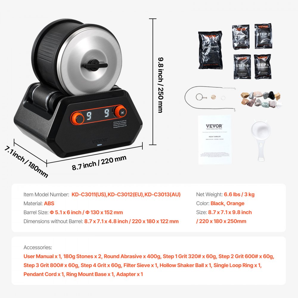 Kit pulidor de rocas VEVOR, kit de pulido de rocas de 1,8 kg, 9 ajustes de velocidad, temporizador de pulido de 9 días, kit de pulido de piedras, pulidor de rocas con piedras preciosas en bruto y abrasivos, pulidor de rocas para niños y adultos.