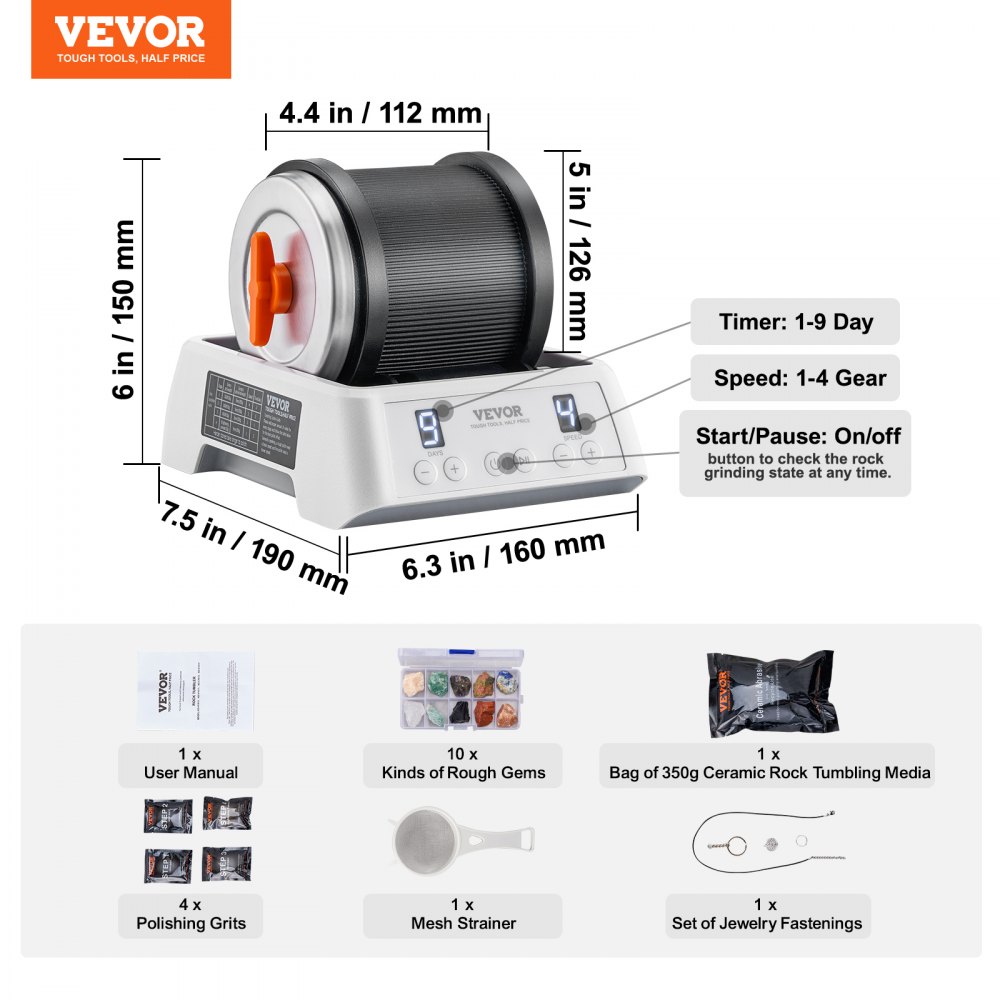 VEVOR Rock Tumbler Kit 1 lb Pulidor de rocas Piedras preciosas en bruto 4 granos de pulido