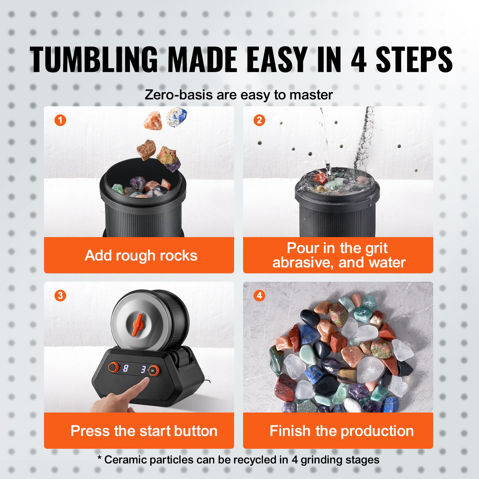 Kit de pulidora de piedras VEVOR de 3 lb, pulidora profesional de accionamiento directo, 4 velocidades y temporizador de 9 días, con piedras preciosas en bruto, granos y cierres para joyería, ideal para adultos y niños, regalo STEM