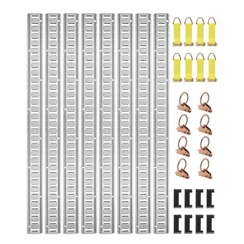 VEVOR E Track Kit de rieles de amarre, 34PCS 5FT E-Tracks Set Incluye 8 rieles de acero y 2 ranuras individuales y 8 juntas tóricas y 8 amarres con anillo en D y 8 tapas finales, accesorios de seguridad para carga, motocicletas y Bicicletas