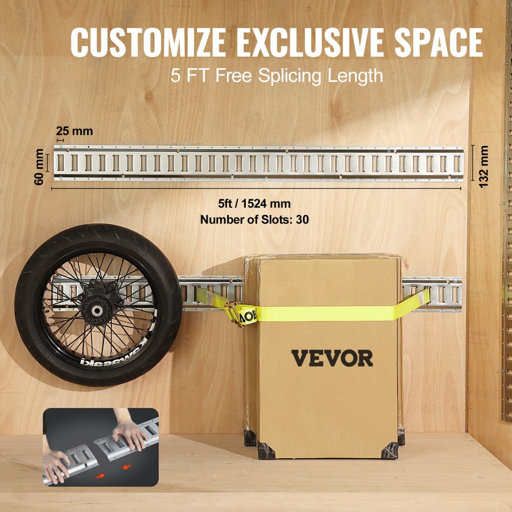 Kit de riel de amarre VEVOR e track que asegura una caja y una rueda de motocicleta, personalizable con una longitud de 5 pies.