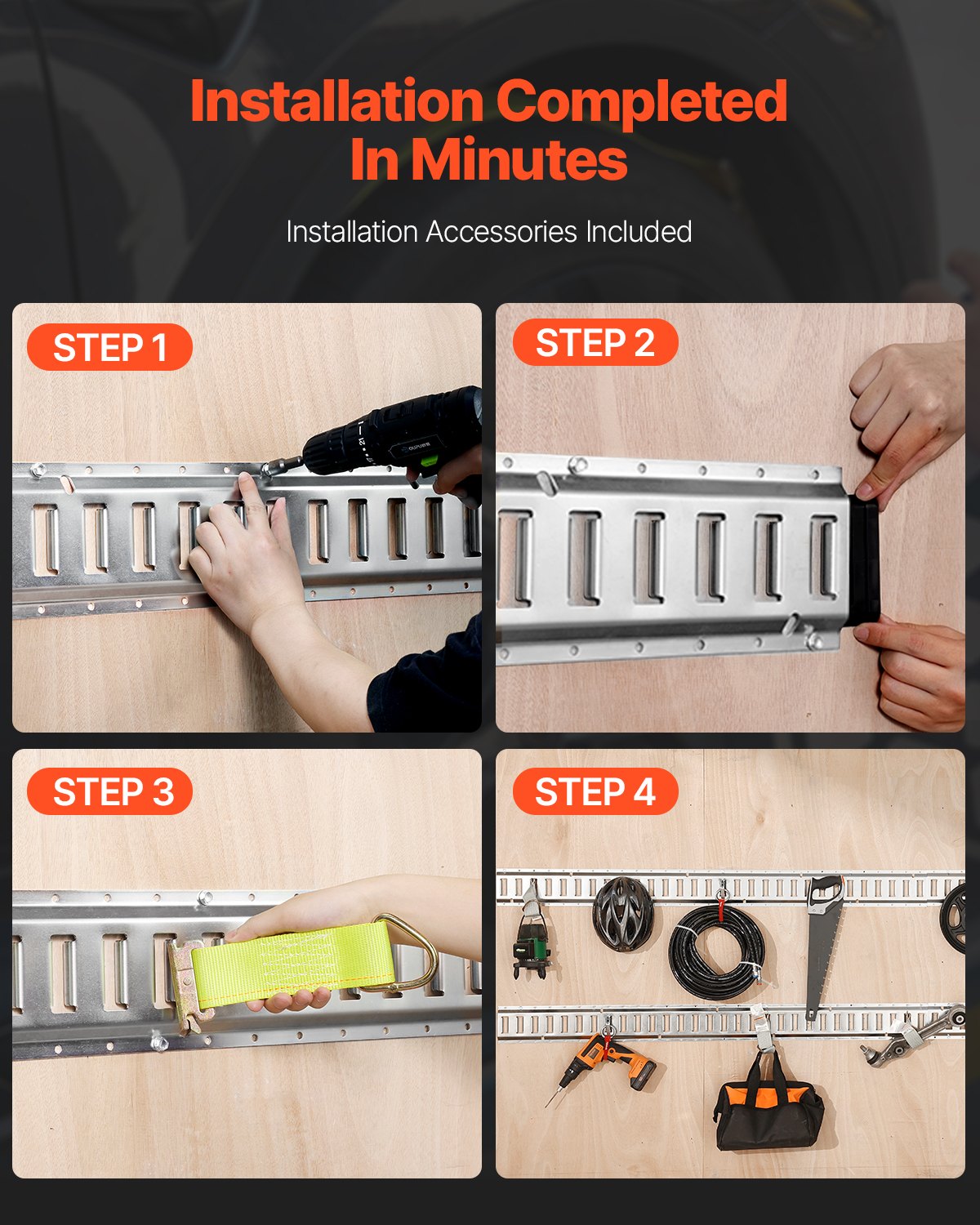 Kit de rieles de amarre VEVOR E Track, 32 piezas de rieles E de 5', incluye 8 rieles de acero, 8 juntas tóricas, 8 amarres con anillo D y 8 tapas de extremo, accesorios de sujeción de remolque para carga, motocicletas y bicicletas, carga de 1500 lb