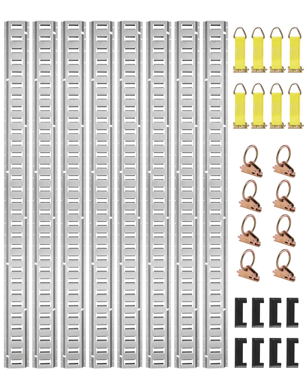 Kit de rieles de amarre VEVOR E Track, 32 piezas de rieles E de 5', incluye 8 rieles de acero, 8 juntas tóricas, 8 amarres con anillo D y 8 tapas de extremo, accesorios de sujeción de remolque para carga, motocicletas y bicicletas, carga de 1500 lb
