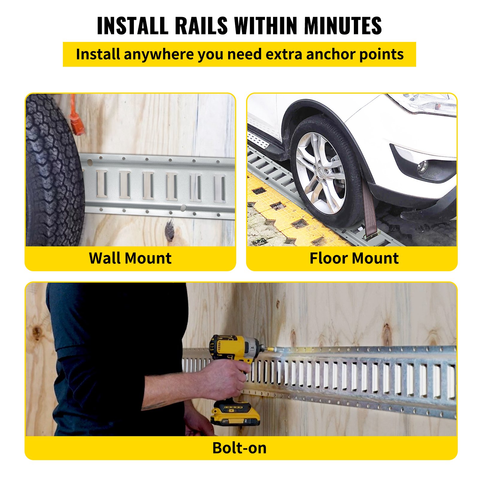 Riel de amarre VEVOR E-Track, 4 rieles de acero de 8 pies con ranuras estándar de 1"x2.5", compatible con anillos en O y D y amarres y correas de trinquete y cadenas enganchadas, para asegurar carga y equipo pesado
