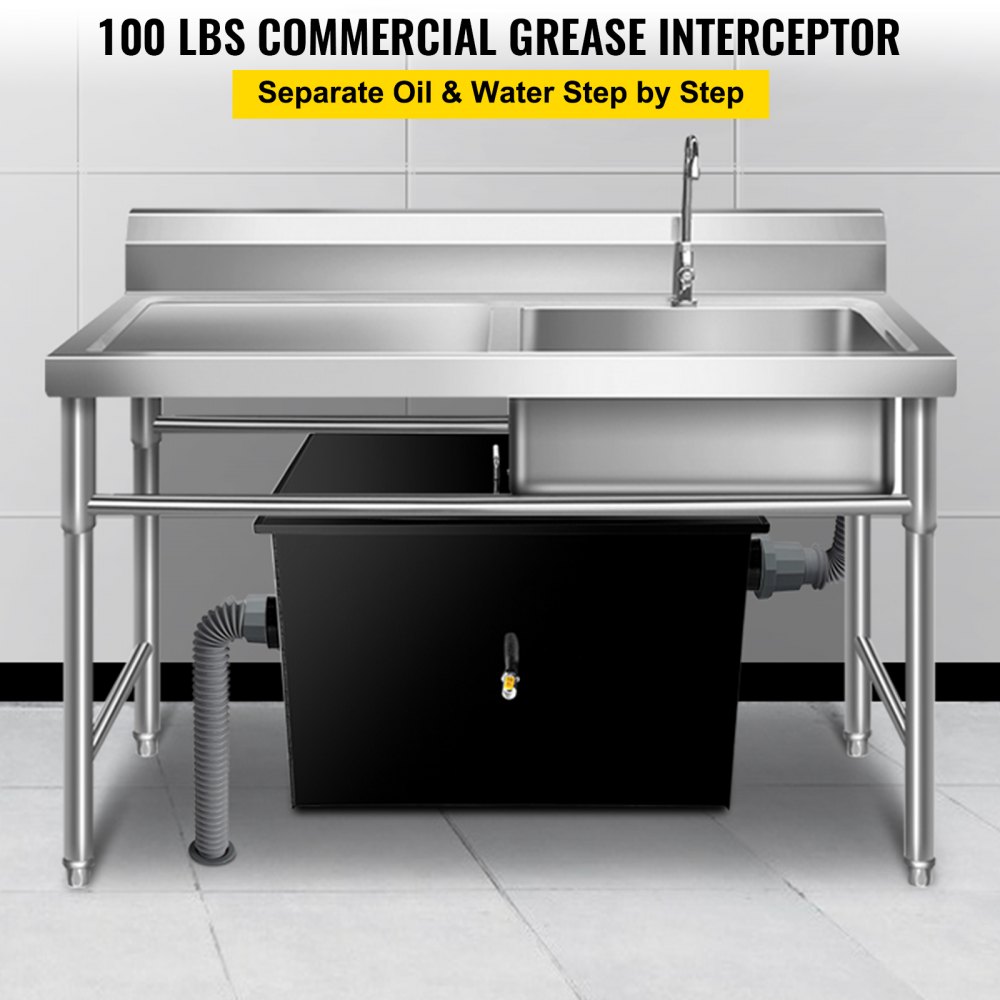 Interceptor de grasa comercial VEVOR, capacidad de 100 lb, trampa de grasa debajo del fregadero con caudal de 50 GPM, acero al carbono revestido con entrada de agua lateral, para cocina de restaurante, fábrica, color negro