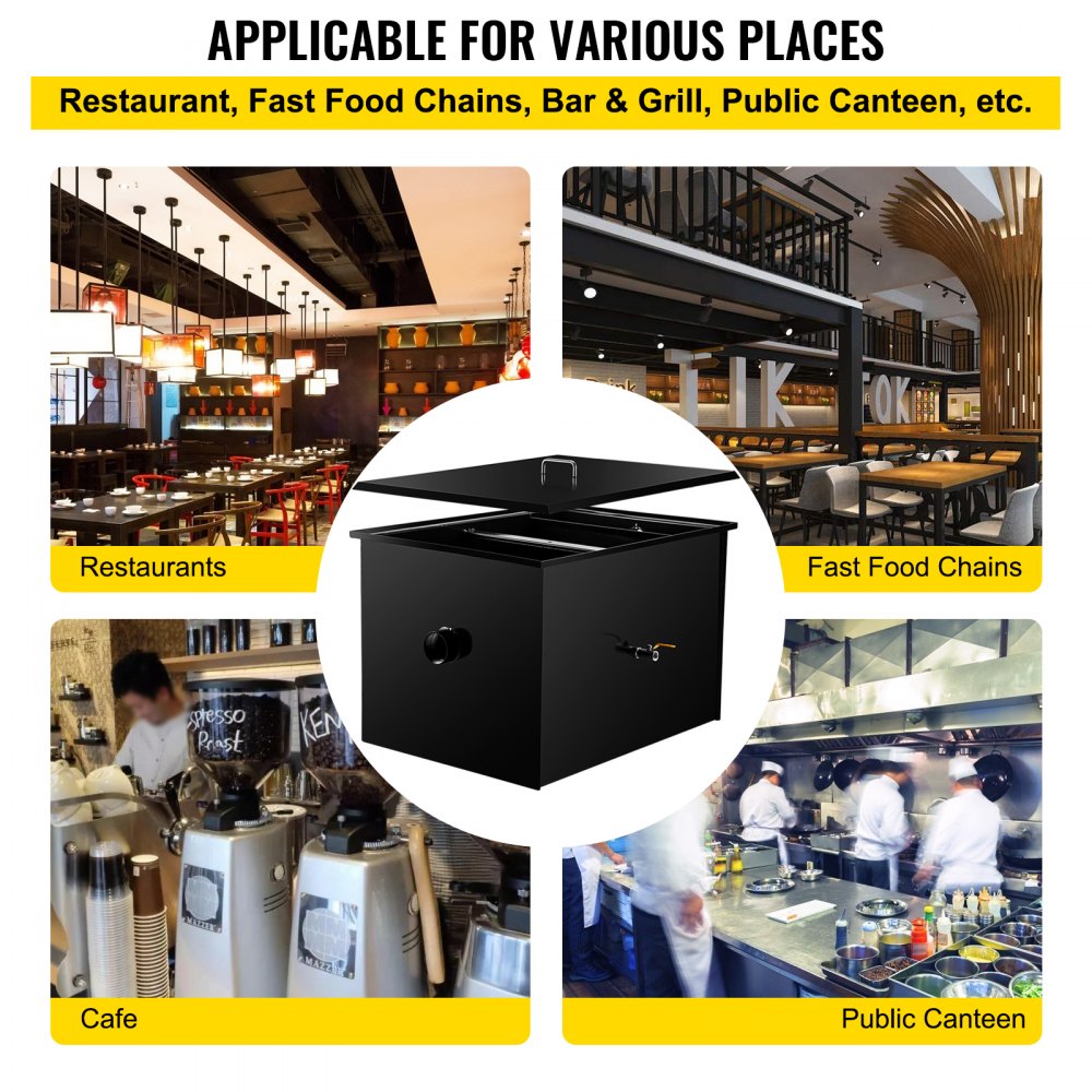 Interceptor de grasa comercial VEVOR, capacidad de 100 lb, trampa de grasa debajo del fregadero con caudal de 50 GPM, acero al carbono revestido con entrada de agua lateral, para cocina de restaurante, fábrica, color negro