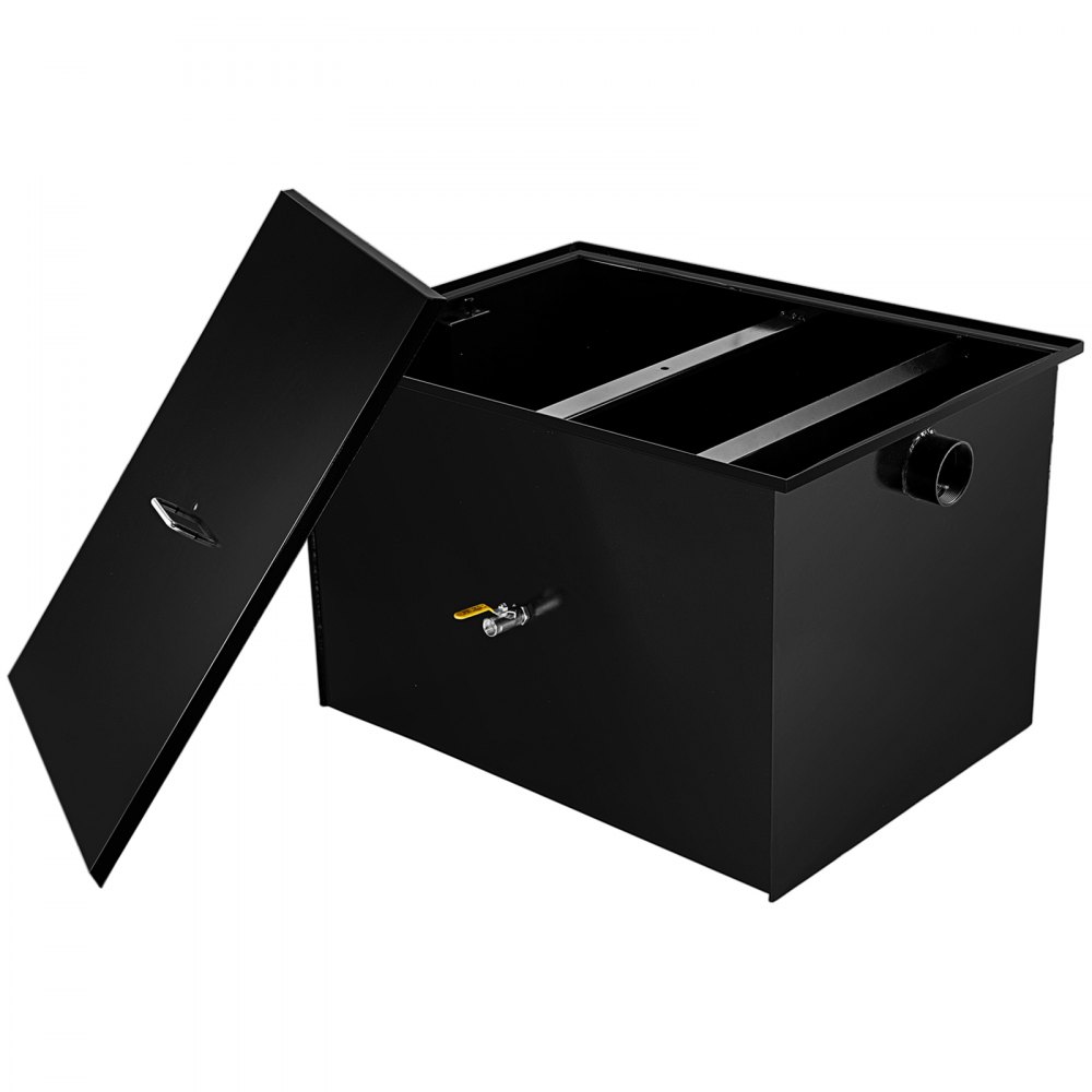 Interceptor de grasa comercial VEVOR, capacidad de 100 lb, trampa de grasa debajo del fregadero con caudal de 50 GPM, acero al carbono revestido con entrada de agua lateral, para cocina de restaurante, fábrica, color negro