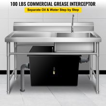 VEVOR Interceptor de grasa comercial, capacidad de 100 libras, trampa de grasa debajo del fregadero con caudal de 50 GPM, interceptor de grasa de acero al carbono recubierto con entrada de agua lateral, para cocina de fábrica de restaurante, negro